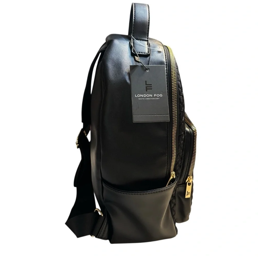 NEW London Fog Backpack Marion Nylon Quilted Black Gold Hardware Classic NWT